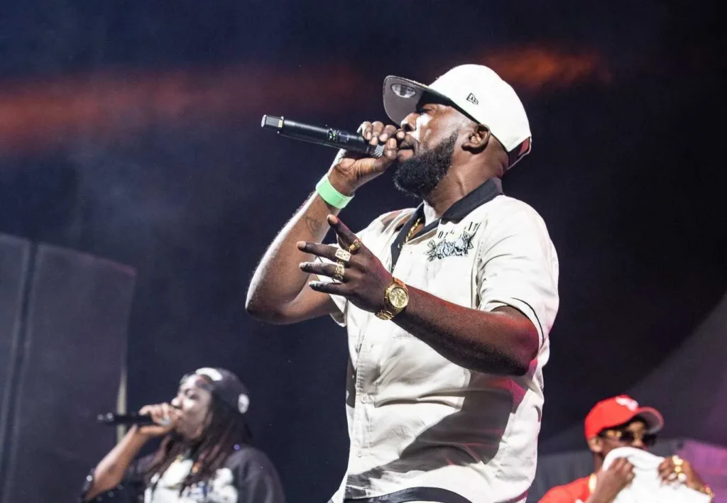 Leadpipe performing on stage during Grand Kadooment 2025 after winning Tune of De Crop with his hit song “Tek Charge”